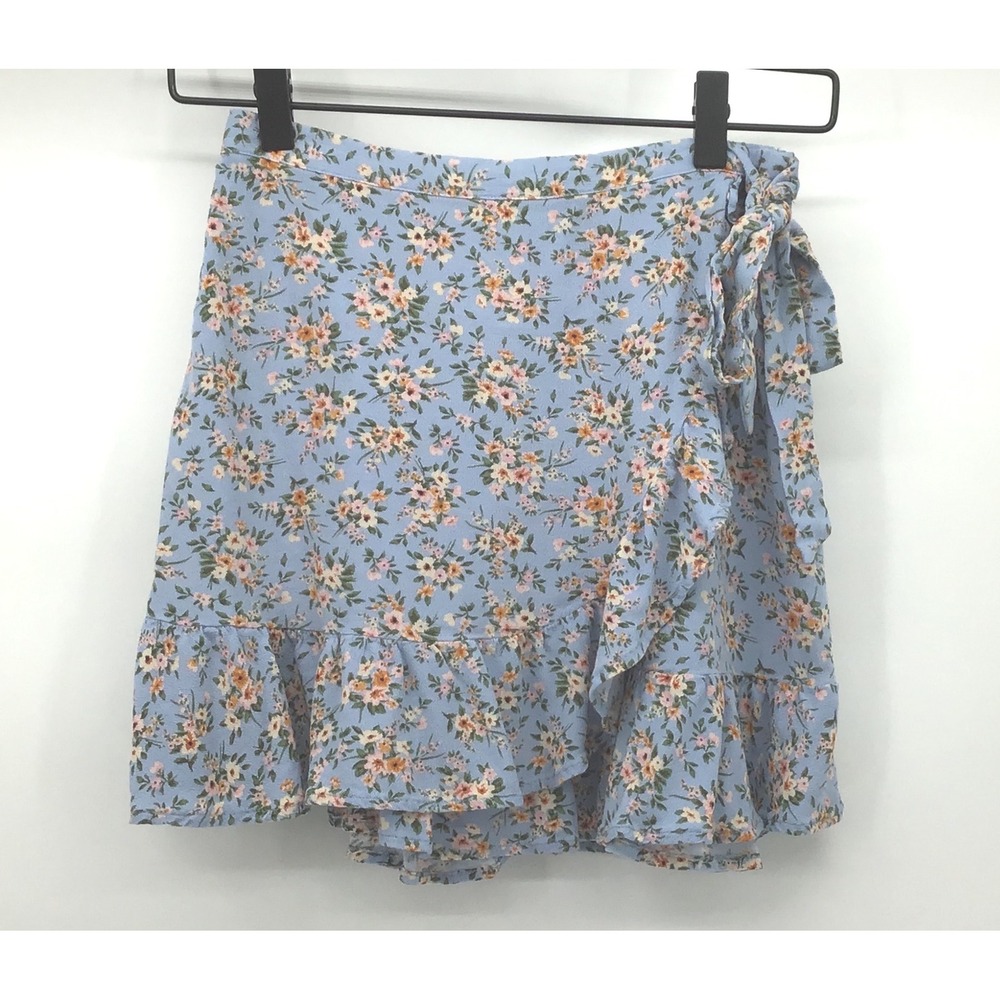 American Eagle Blue Floral Ruffle Mini Wrap Skirt Small Elastic Back Boho Summer